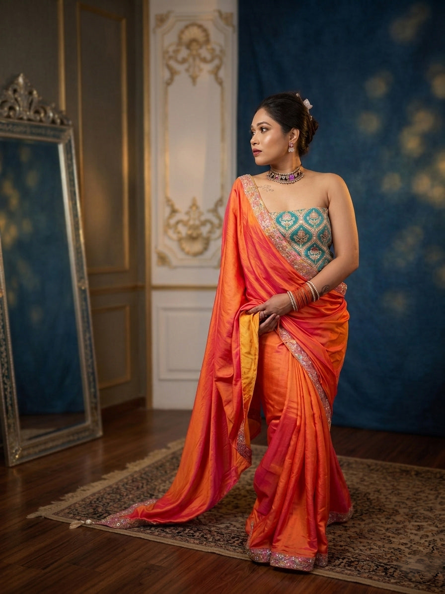Orange dual shade Saree with Rama green blouse
