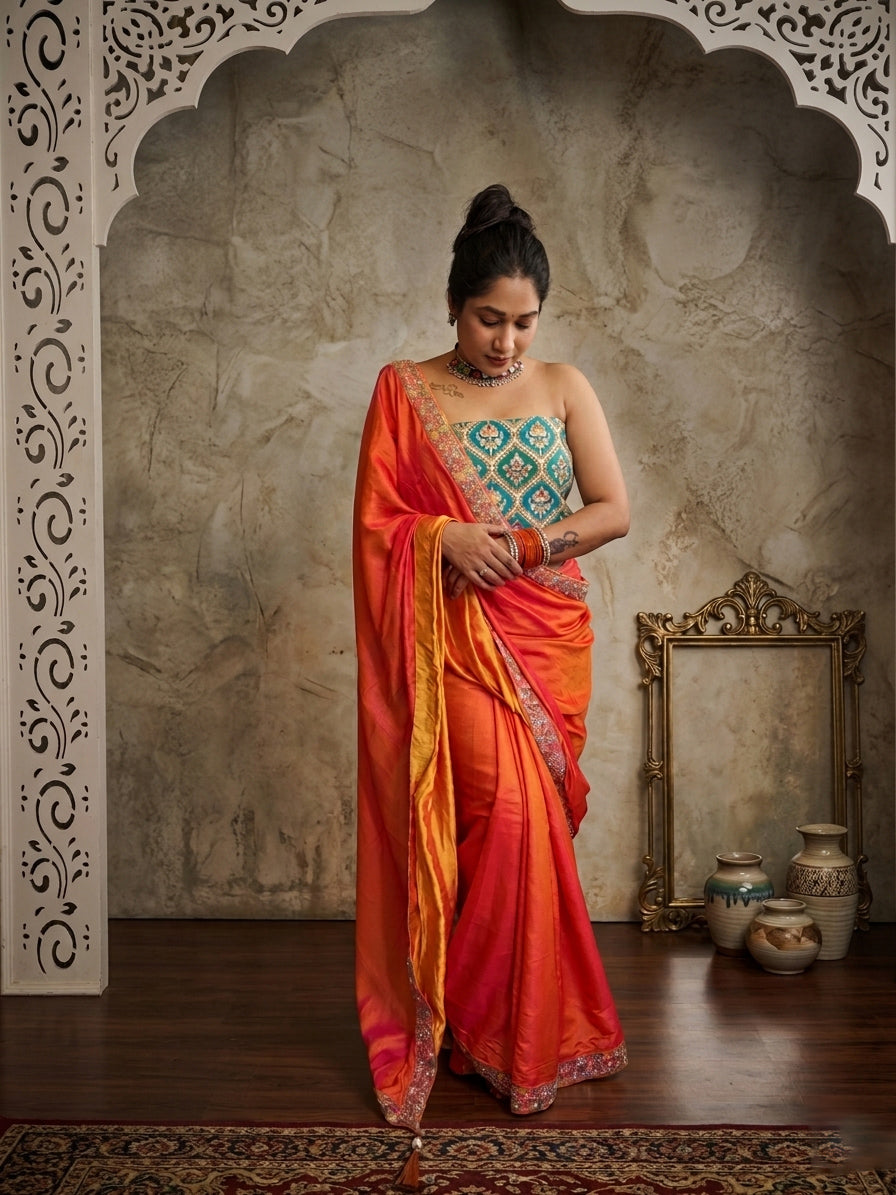 Orange dual shade Saree with Rama green blouse