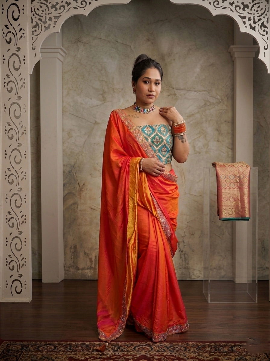 Orange dual shade Saree with Rama green blouse