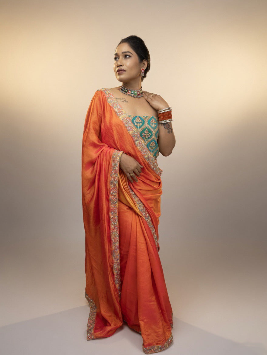 Orange dual shade Saree with Rama green blouse