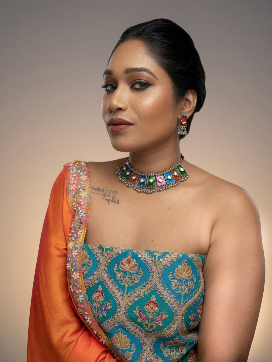 Orange dual shade Saree with Rama green blouse