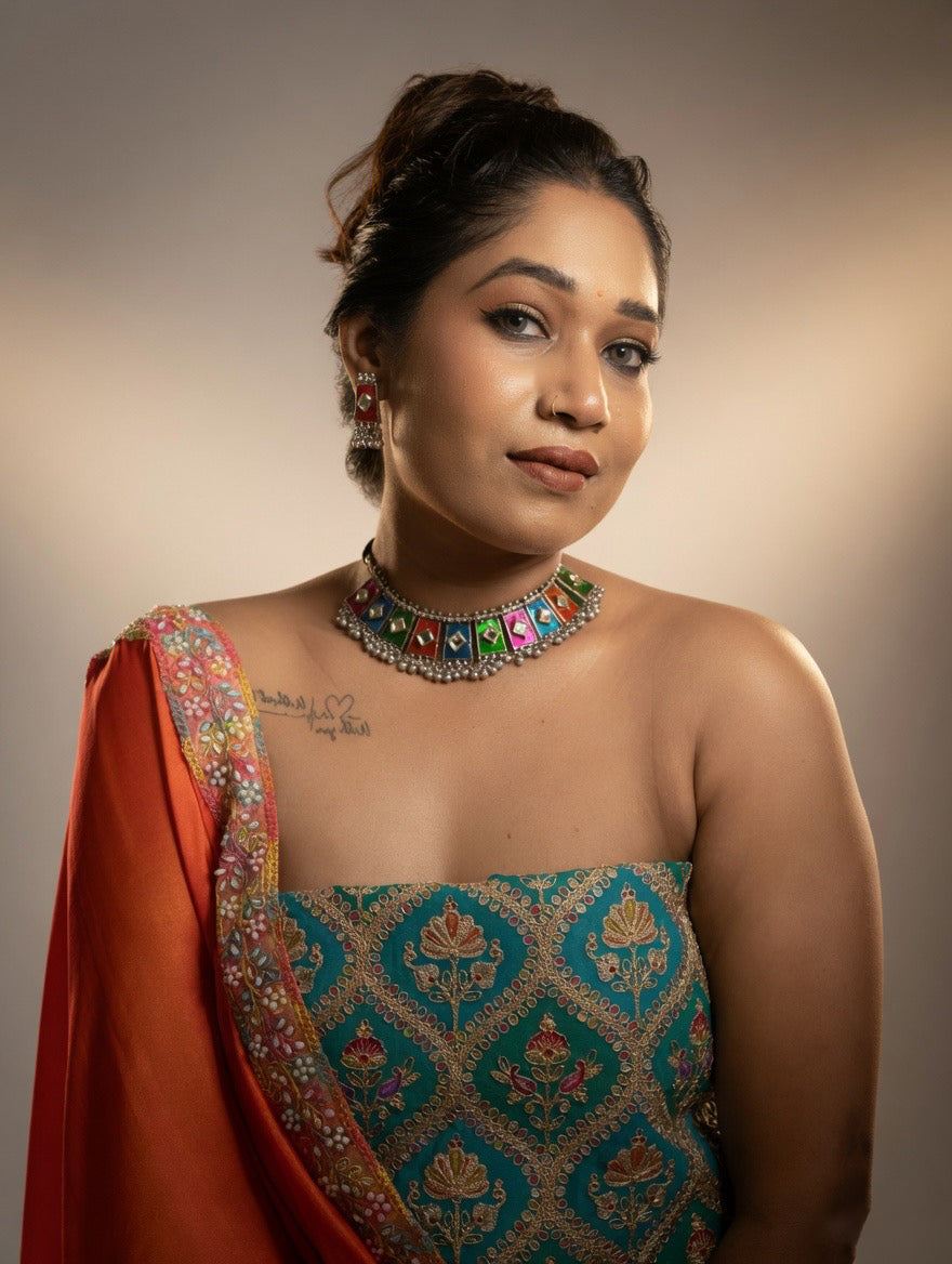 Orange dual shade Saree with Rama green blouse