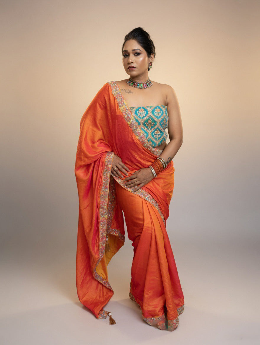 Orange dual shade Saree with Rama green blouse