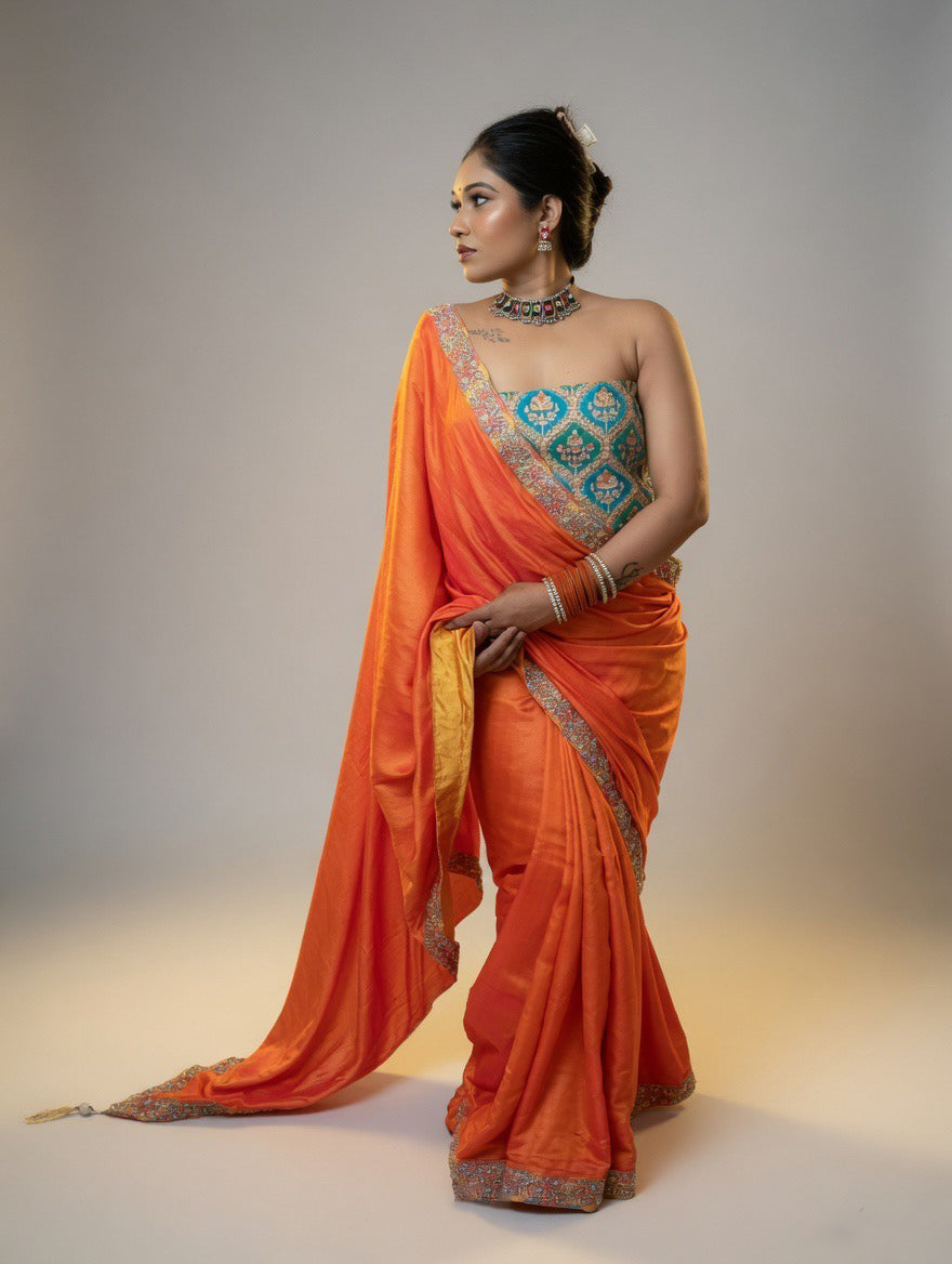 Orange dual shade Saree with Rama green blouse