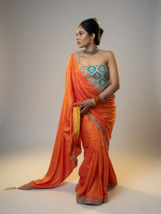 Orange dual shade Saree with Rama green blouse