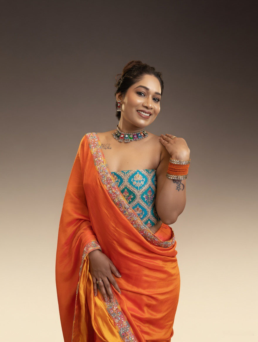 Orange dual shade Saree with Rama green blouse