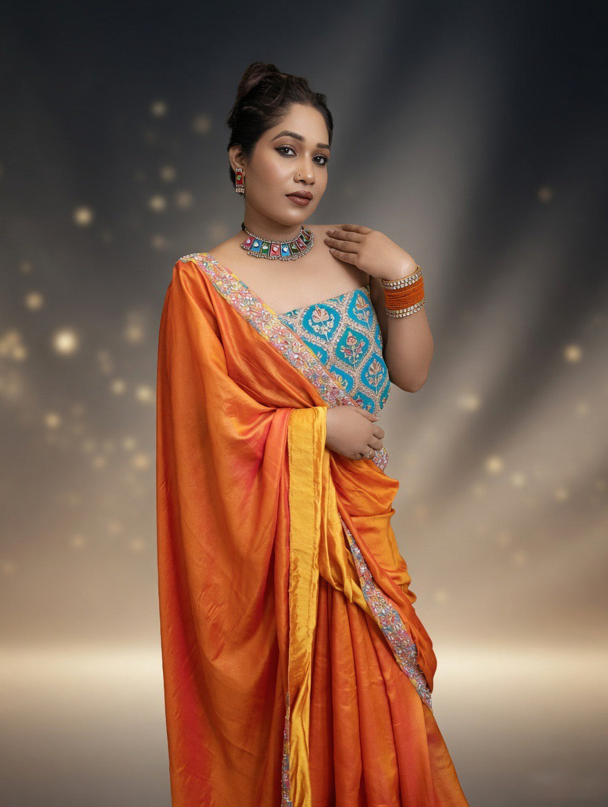Orange dual shade Saree with Rama green blouse