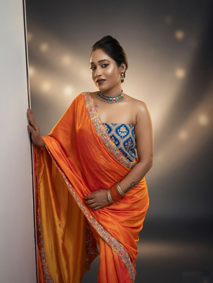 Orange dual shade Saree with Rama green blouse