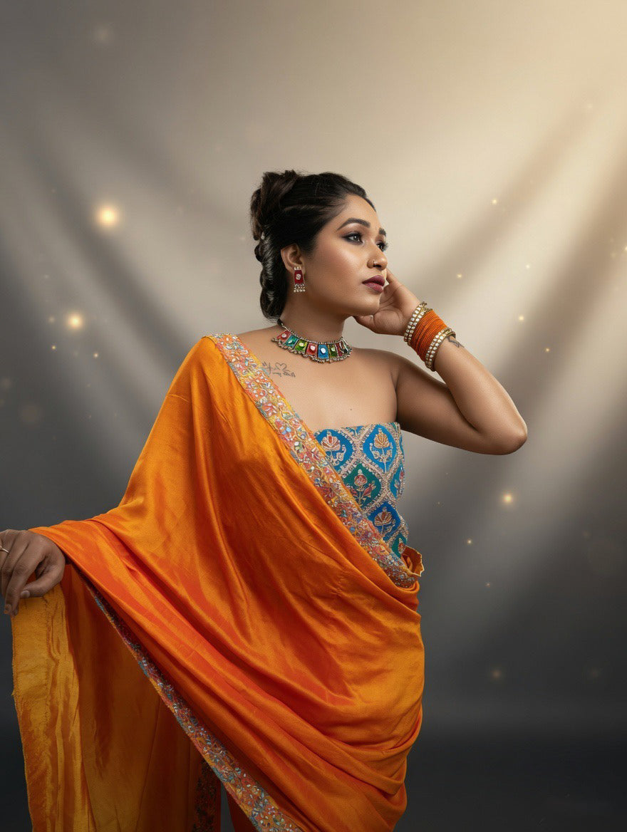 Orange dual shade Saree with Rama green blouse