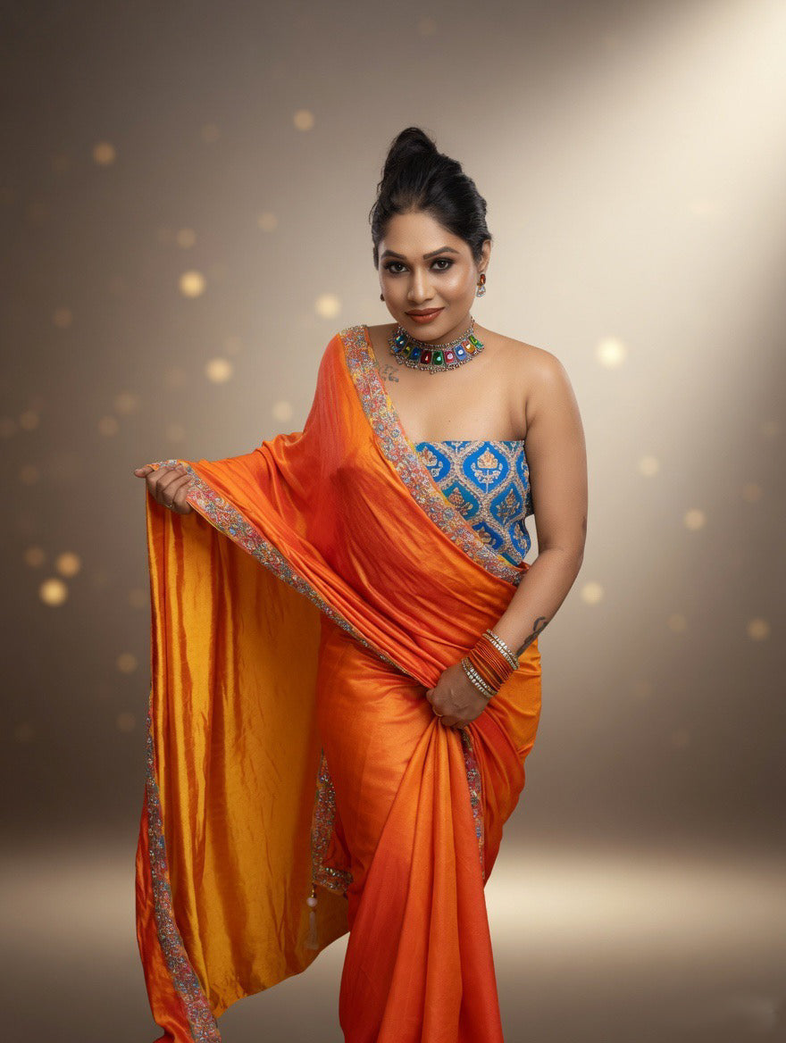 Orange dual shade Saree with Rama green blouse