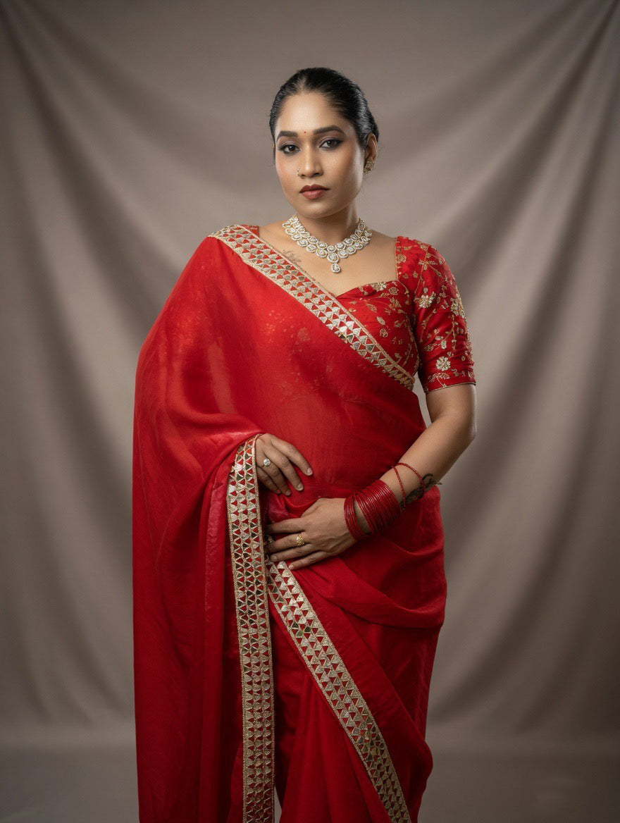 Red Saree with heavy embroidered readymade blouse