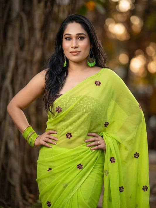 Parrot Green Saree with black embroidered blouse
